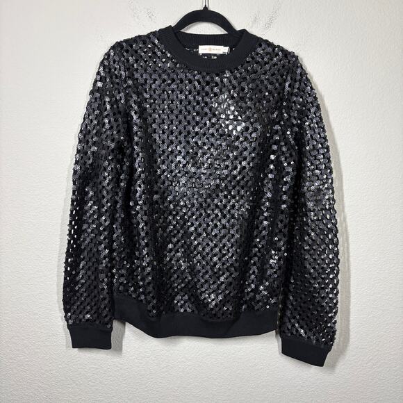 Tory Burch Small Black Lansing Sequin Open Knit Sweater Long Sleeve NWT - Picture 2 of 9